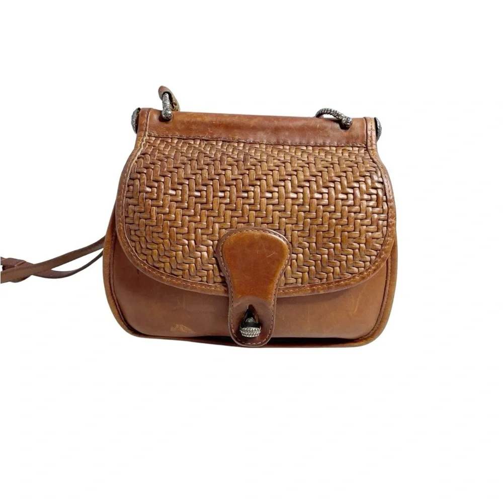 Brighton brown vintage woven flap top with twist closure adjustable strap purse